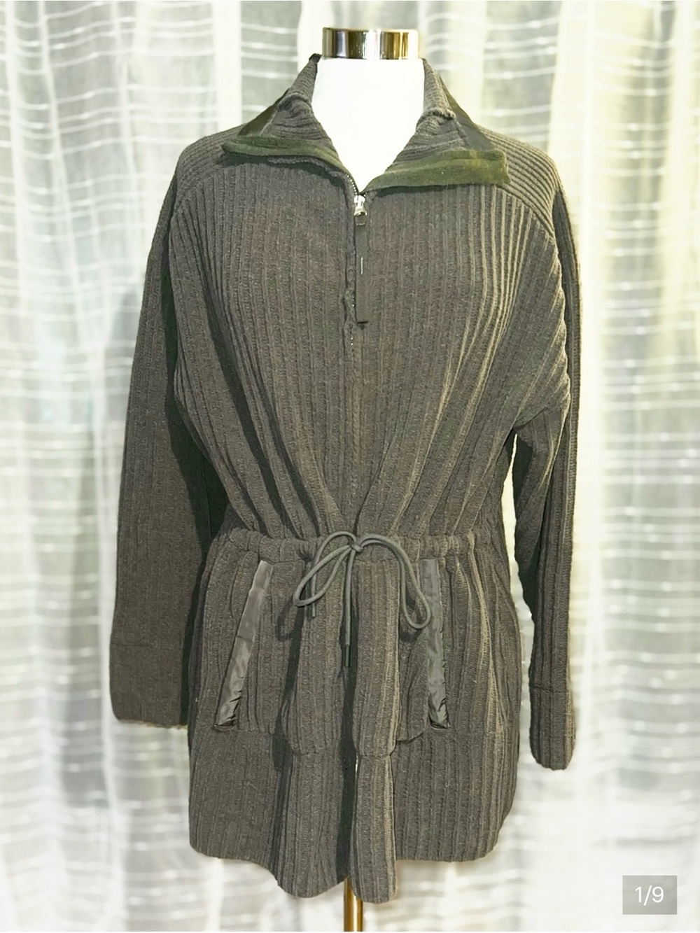 FLX Sz XXL Drawstring Waist Soft Ribbed Tunic-Length Jacket in Forest Green
